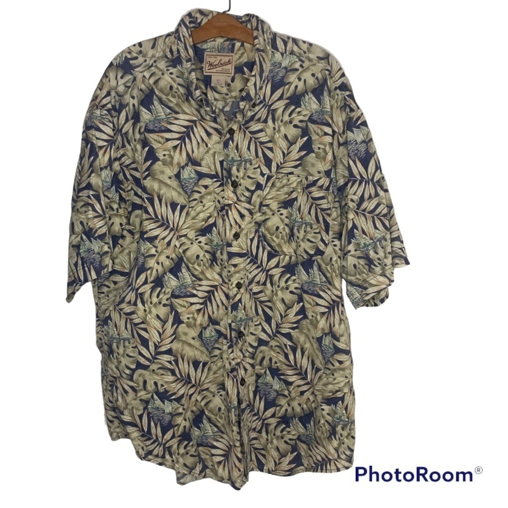 Vintage Woolrich Tropical Monstera/ sailing Print Short Sleeve Button Down Shirt